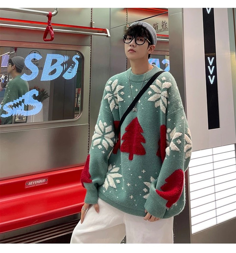 Harajuku Yılbaşı Kabartmalı Triko Yeşil  Kazak
