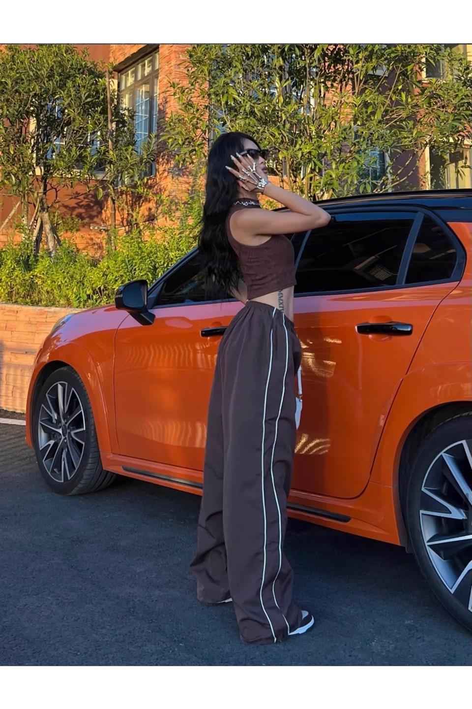 Harajuku Zip Detail Çift Çizgili Brown Tracksuit Oversize Kahverengi Eşofman Altı