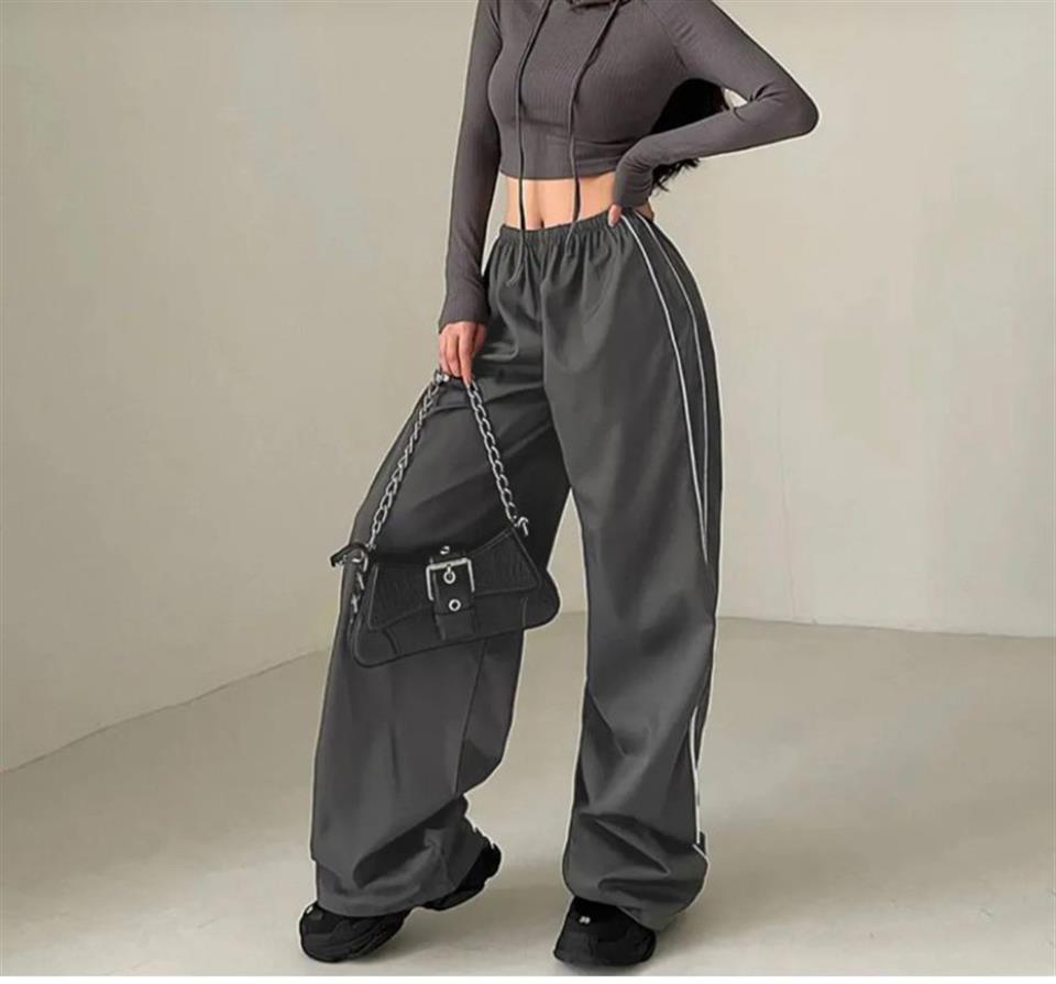 Harajuku Zip Detail Çift Çizgili Grey Tracksuit Oversize Gri Eşofman Altı