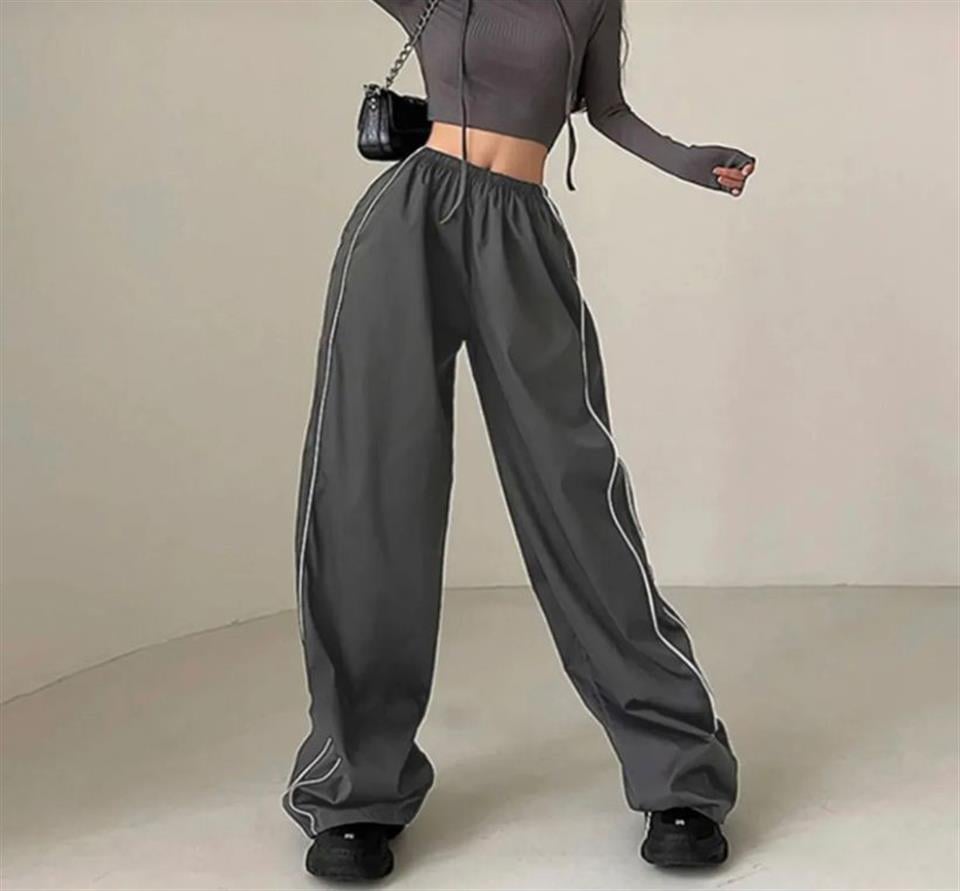 Harajuku Zip Detail Çift Çizgili Grey Tracksuit Oversize Gri Eşofman Altı