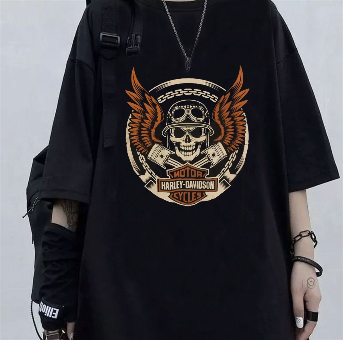 Harley Davidson Baskılı Siyah Oversize Unisex T-shirt