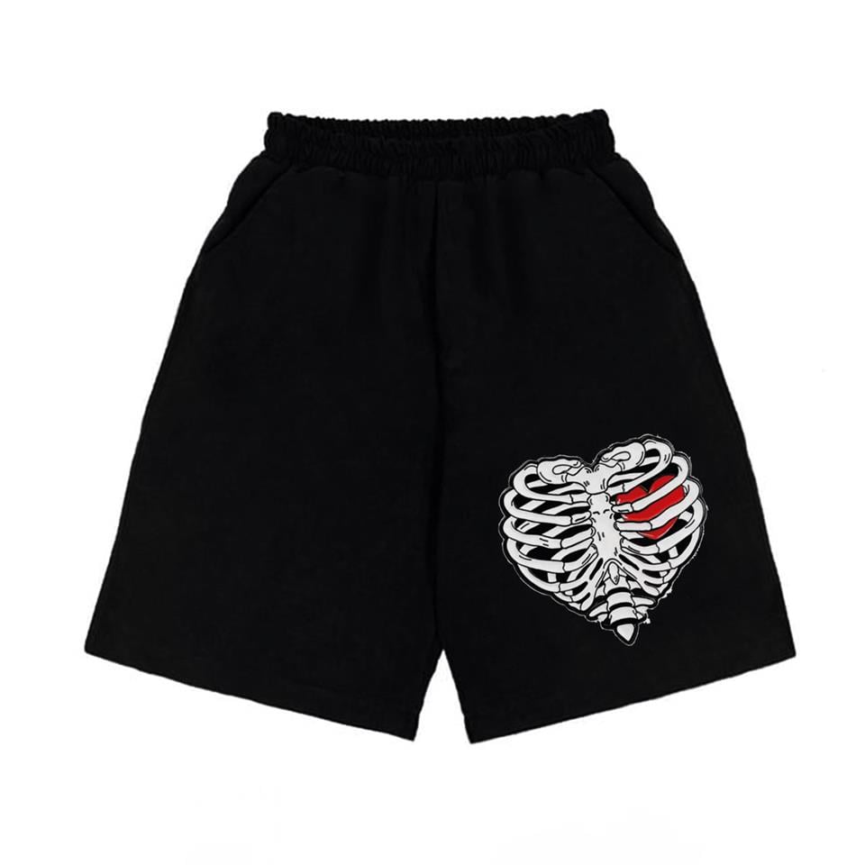 Heart Rib Baskılı Siyah Unisex Penye Şort