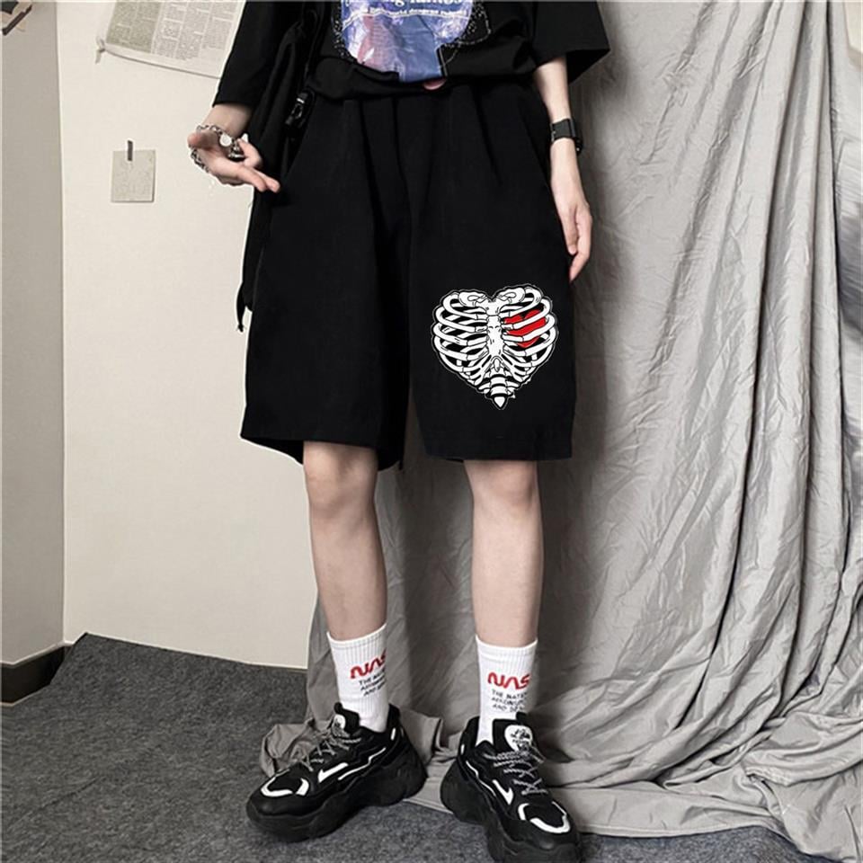 Heart Rib Baskılı Siyah Unisex Penye Şort