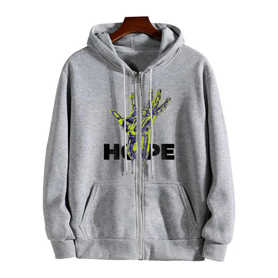 Hope Hand Baskılı Oversize Fermuarlı Gri Unisex Kapüşonlu Hırka