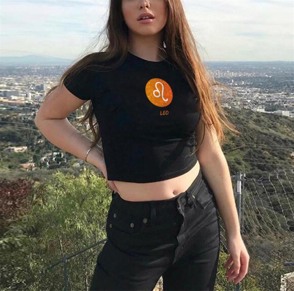 Horoscope Series Leo Baskılı Siyah Crop