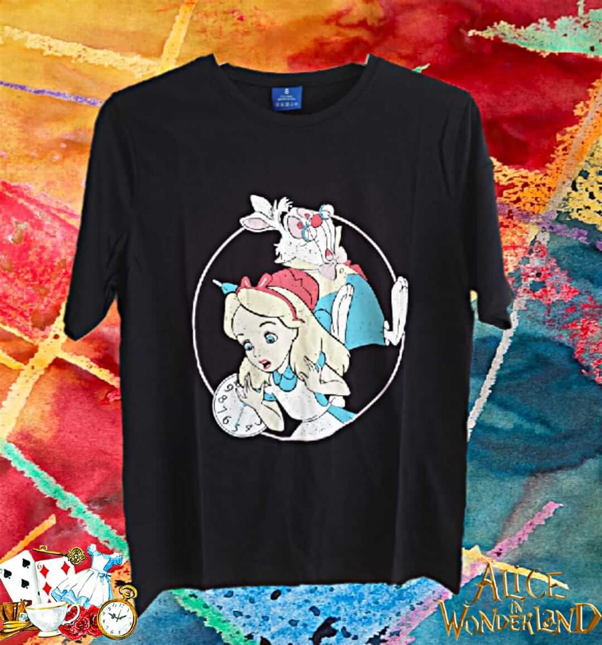 Kadın Siyah Alice Harikalar Diyarı T-Shirt