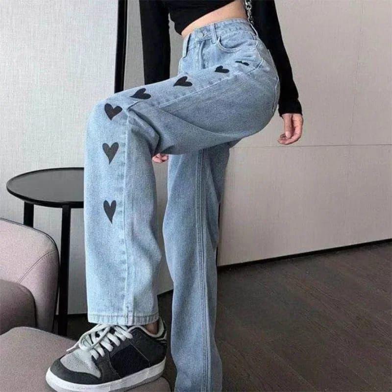Kalp Naskış İşlemeli Streetwear Baggy Mavi Pantolon