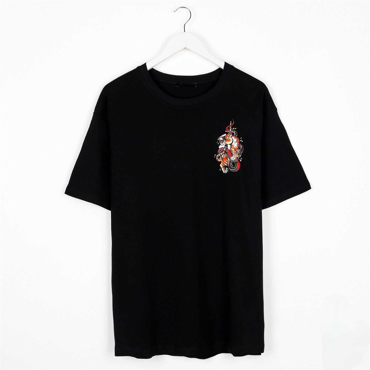 Kaplan Desen Sırt Baskılı Oversize Siyah Unisex Tshirt