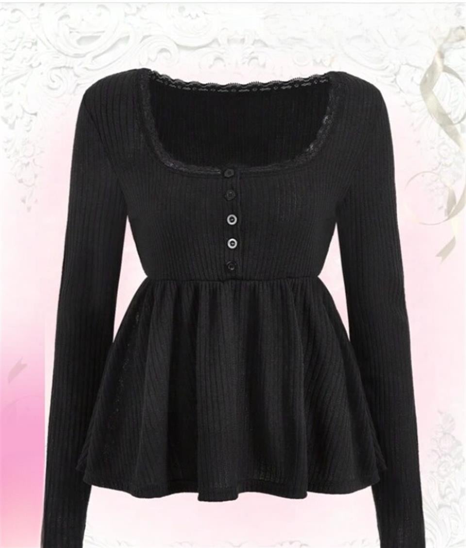Kawaii Contrast Lace Siyah Uzun Kol Bluz