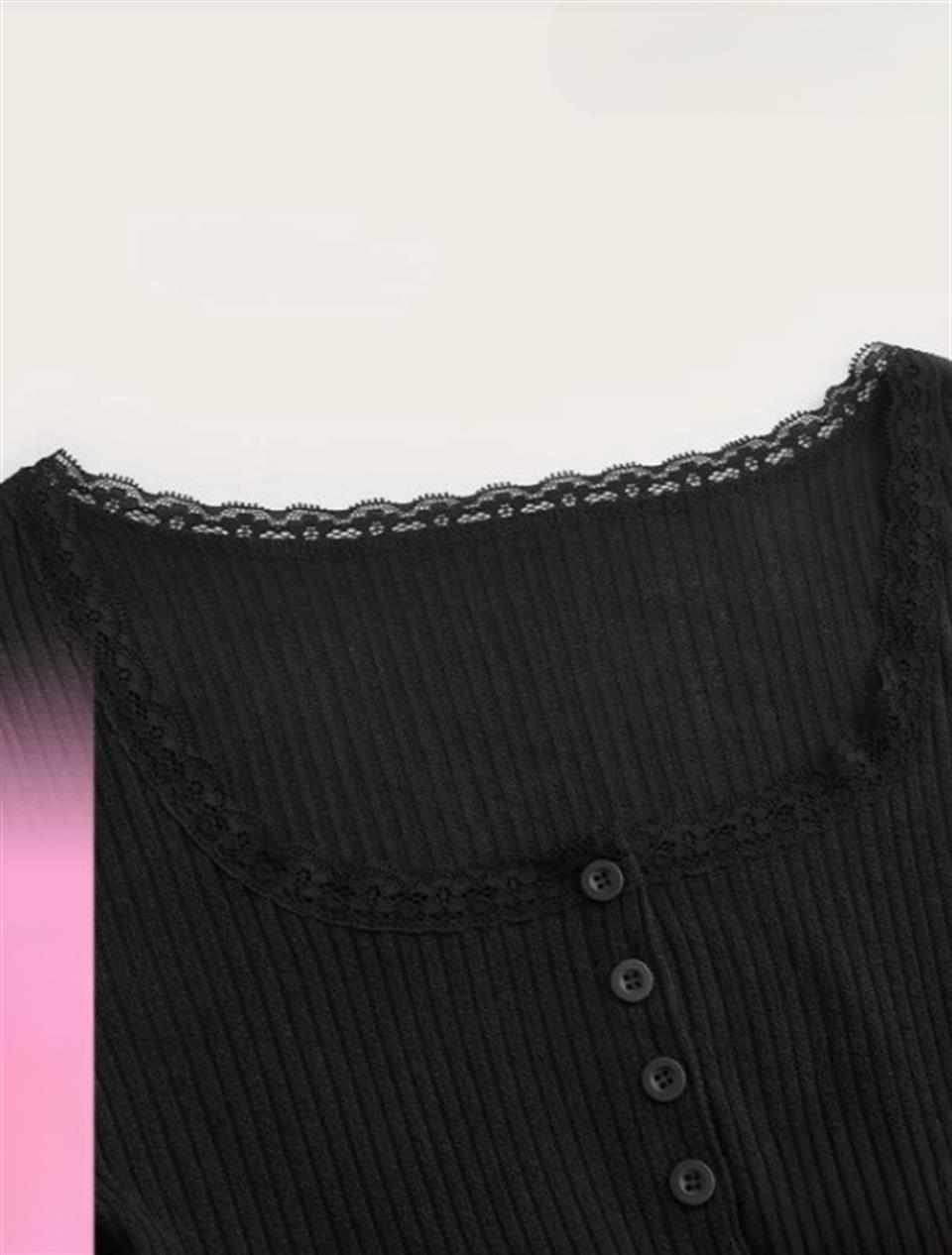 Kawaii Contrast Lace Siyah Uzun Kol Bluz