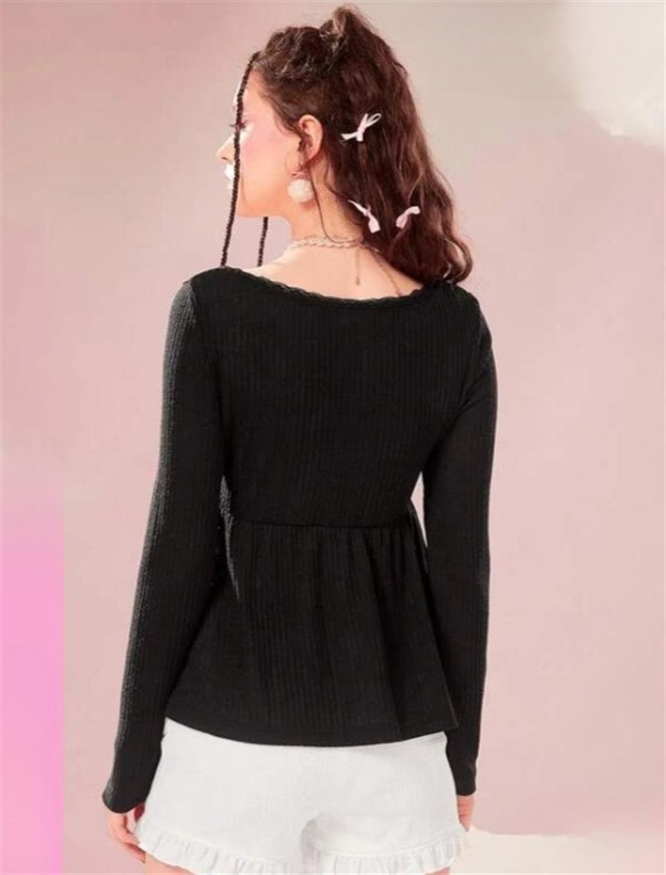 Kawaii Contrast Lace Siyah Uzun Kol Bluz