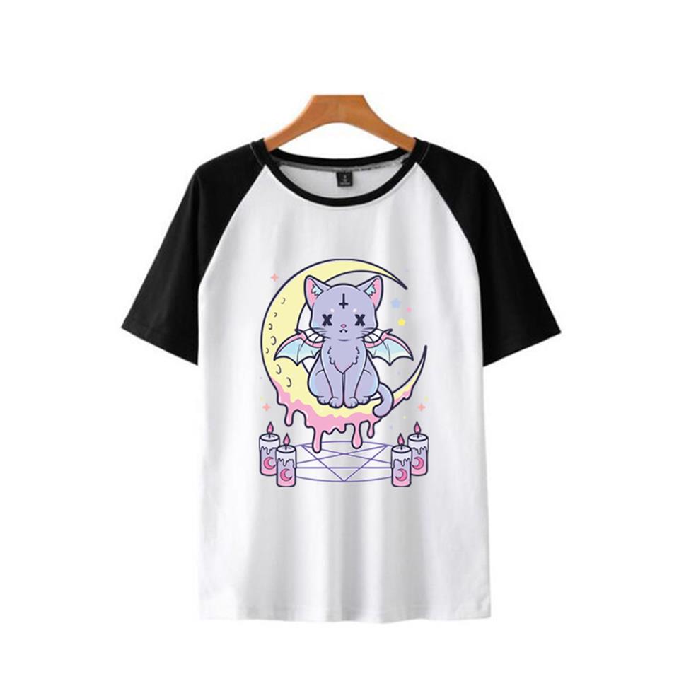 Kawaii Creepy Cat In The Moon Baskılı Reglan Kol Beyaz Unisex Oversize T-shirt