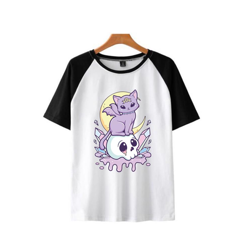 Kawaii Creepy Cat & Skull Baskılı Reglan Kol Beyaz Unisex Oversize T-shirt