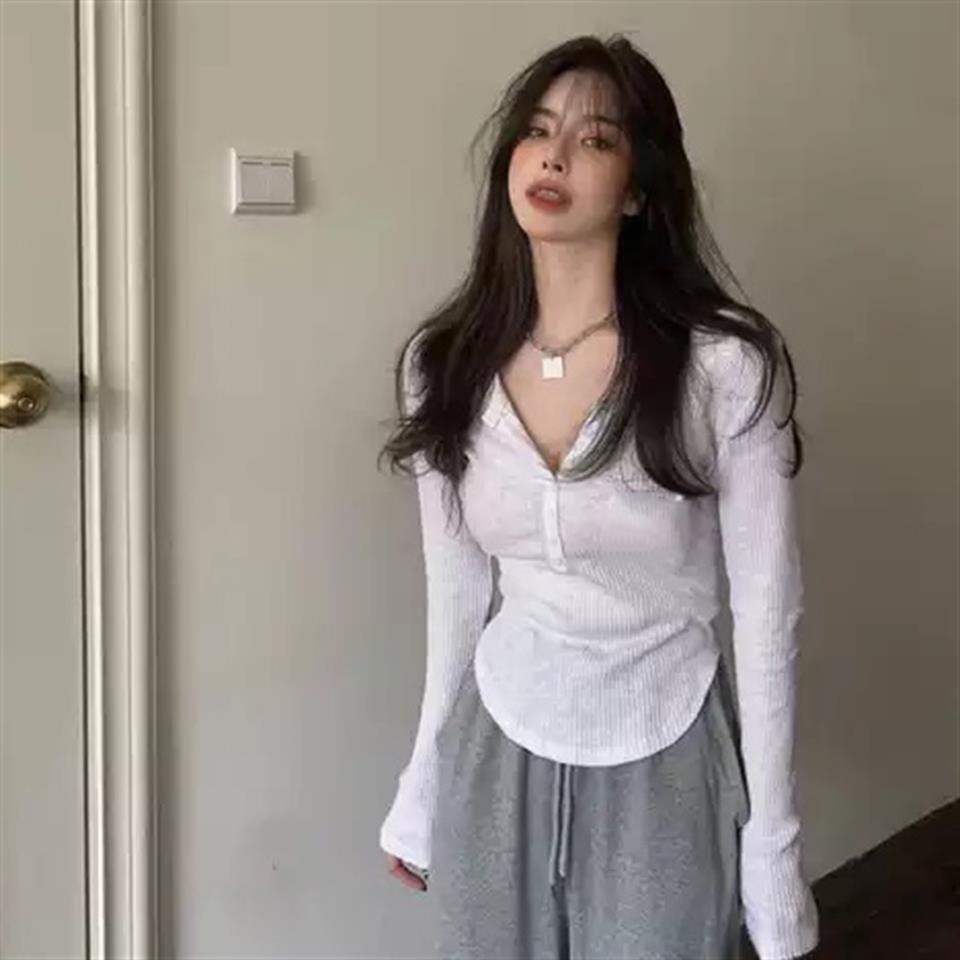 Kawaii Düğme Detay Geniş Yaka Beyaz Uzun Kol Bluz