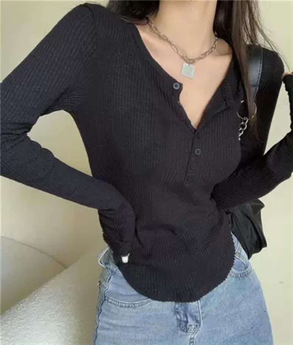 Kawaii Düğme Detay Geniş Yaka Siyah Uzun Kol Bluz