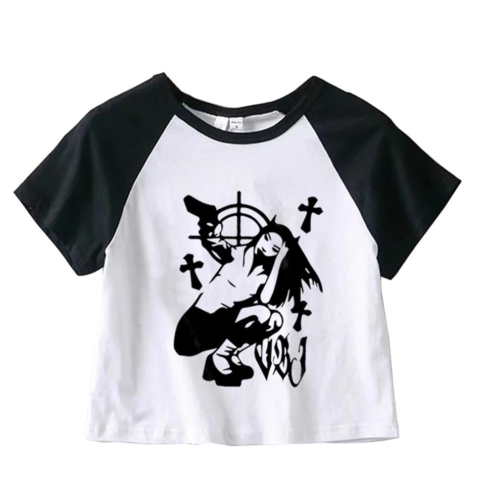 Killer Devil Girl Baskılı Reglan Kol Beyaz Crop