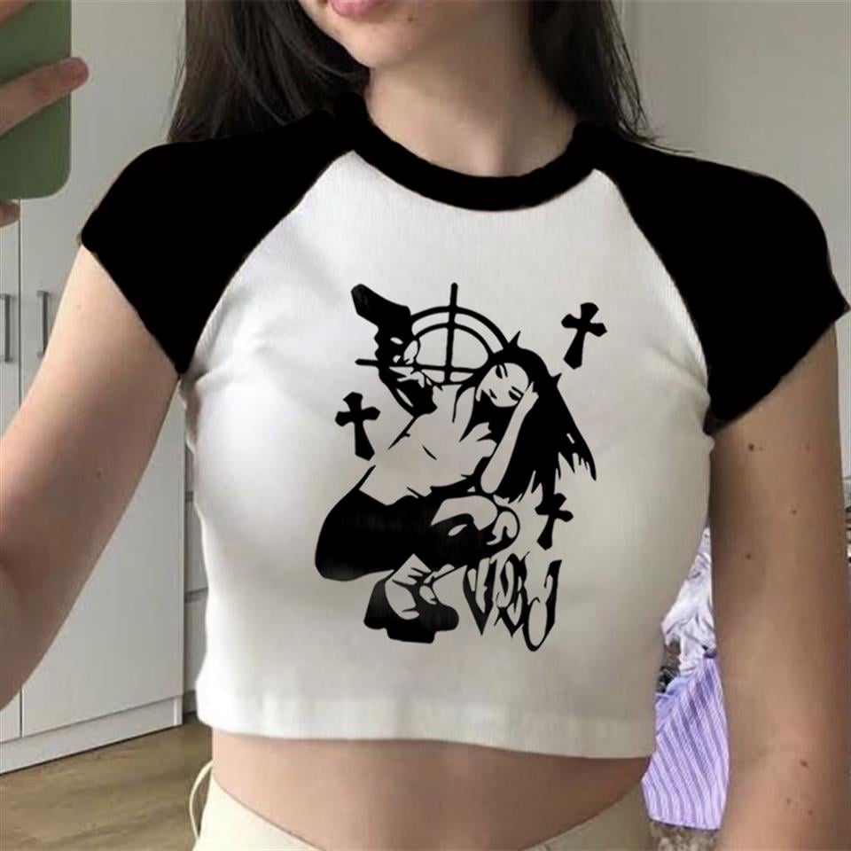 Killer Devil Girl Baskılı Reglan Kol Beyaz Crop