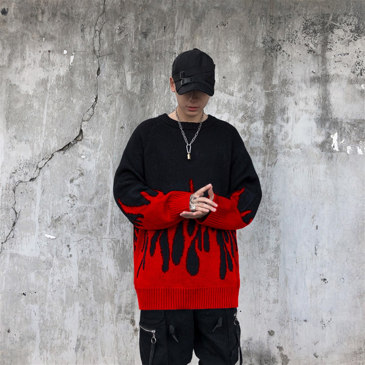 Kırmızı Flame Siyah Unisex Oversize Kazak
