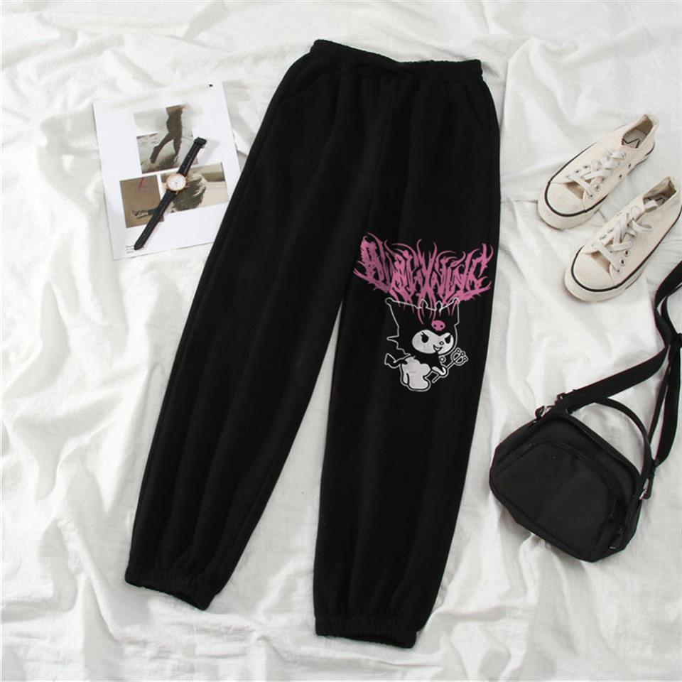 Kuromi Pink Baskılı Oversize Unisex Siyah Eşofman Altı