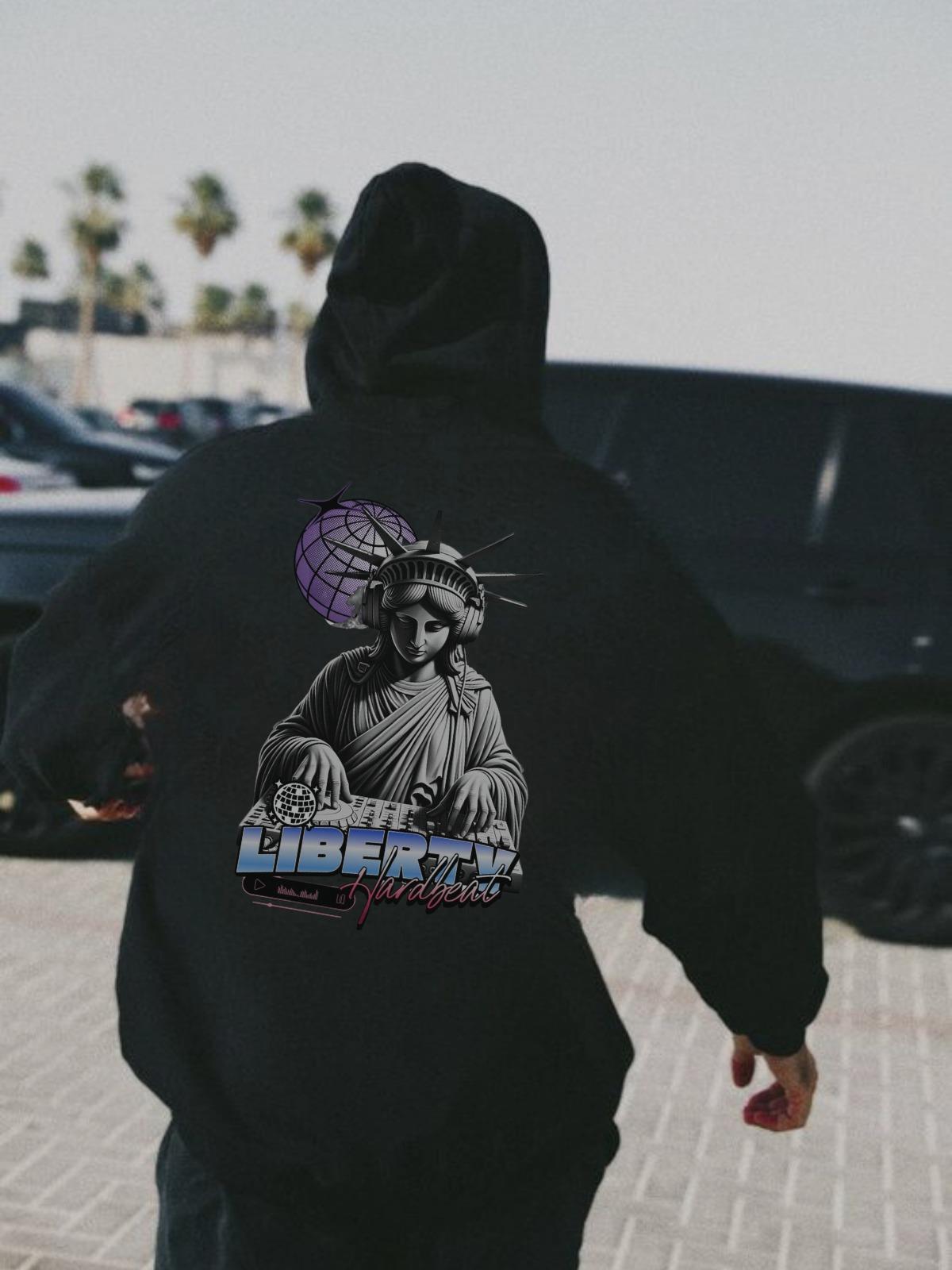 Liberty Baskılı Siyah Kapşonlu Sweatshirt 