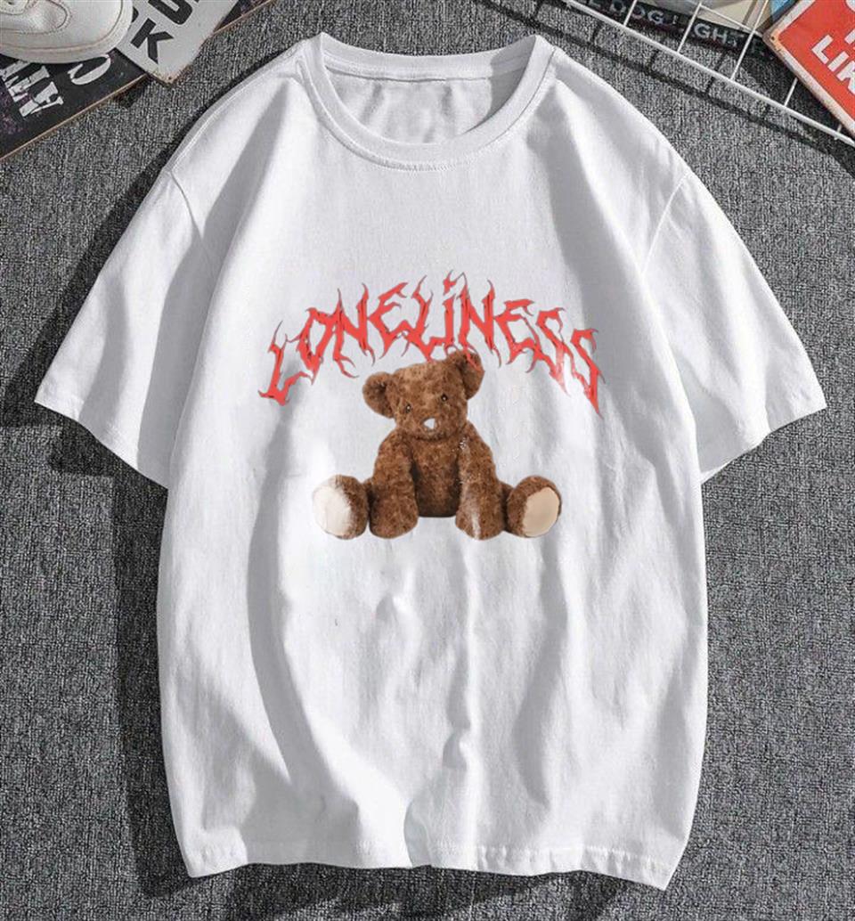 Loneliness Bear Baskılı Beyaz Unisex Oversize T-shirt