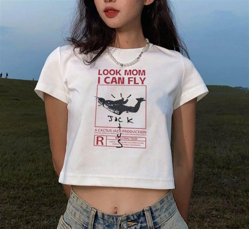 Look Mom I Can Fly  Baskılı Beyaz Crop