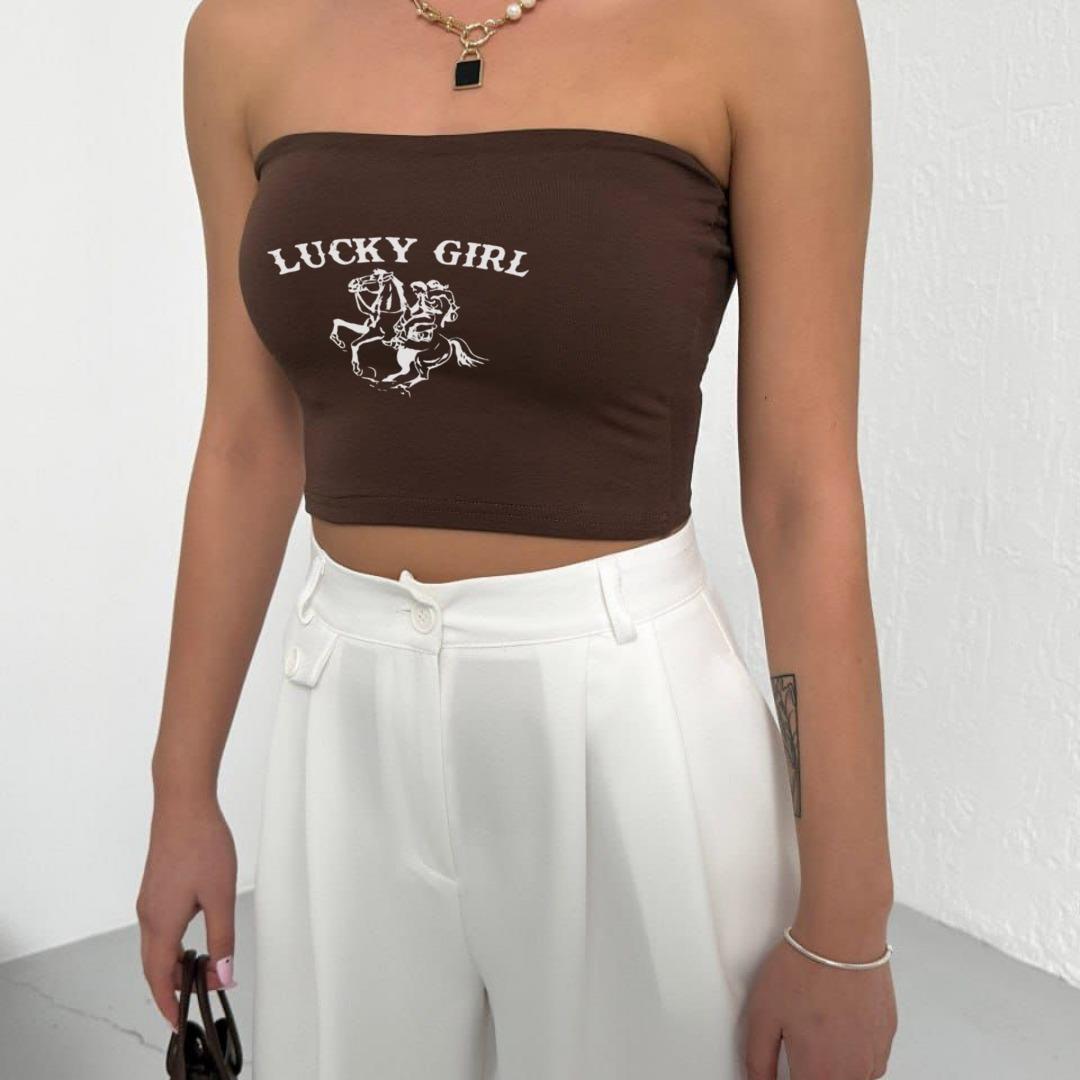 Lucky Girl Baskılı Likralı Pamuklu Penye Straplez 
