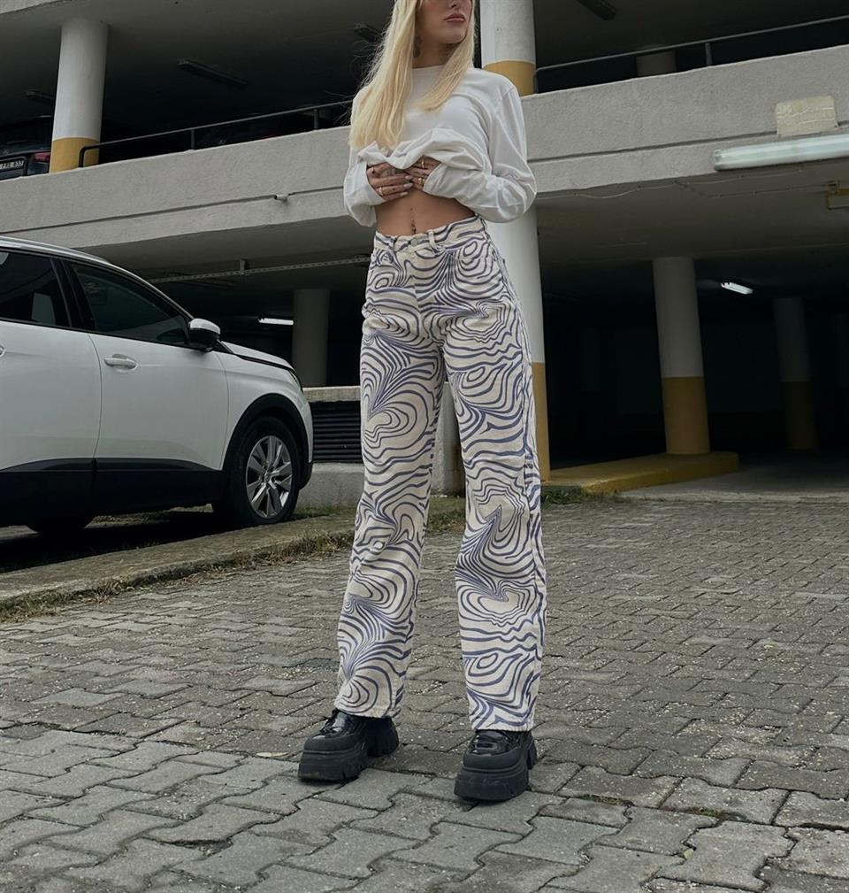 Mavi Beyaz Dalgalı Bol Paça Jean Palazzo Wide Leg Kot Pantolon