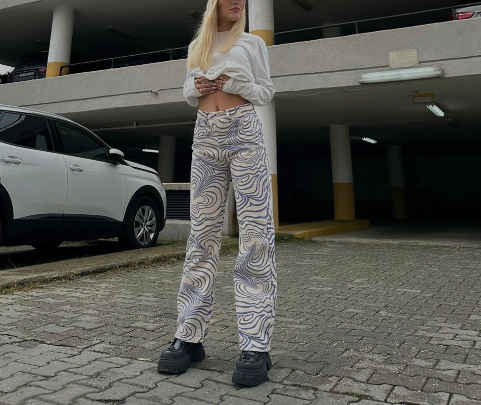 Mavi Beyaz Dalgalı Bol Paça Jean Palazzo Wide Leg Kot Pantolon