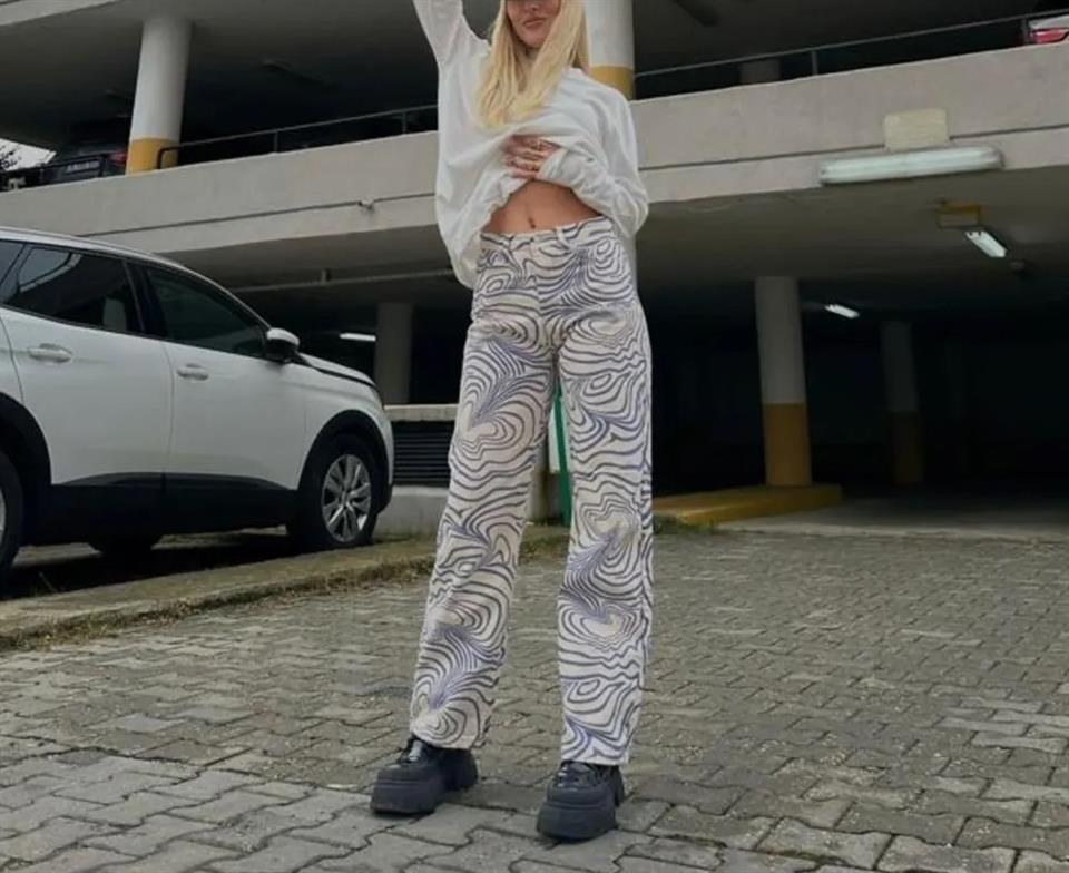 Mavi Beyaz Dalgalı Bol Paça Jean Palazzo Wide Leg Kot Pantolon