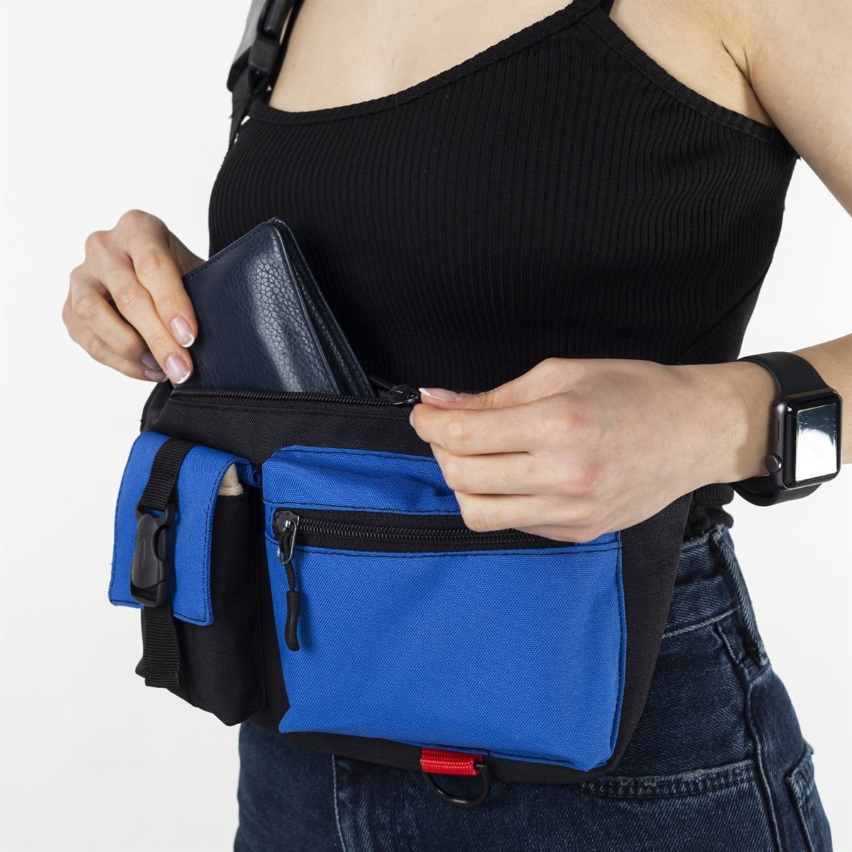Mavi Siyah Çok Cepli Unisex Bel Çantası