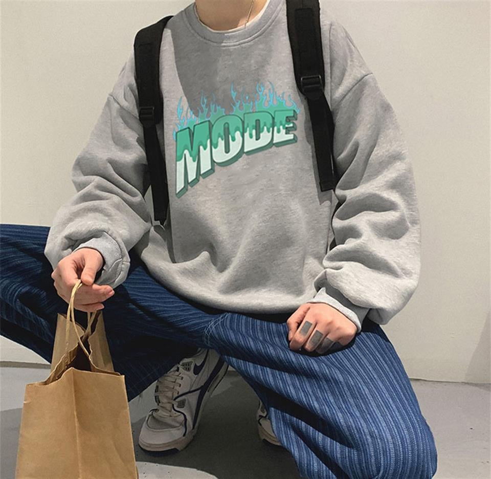Mode Baskılı Gri Unisex Oversize Bisiklet Yaka Sweatshirt