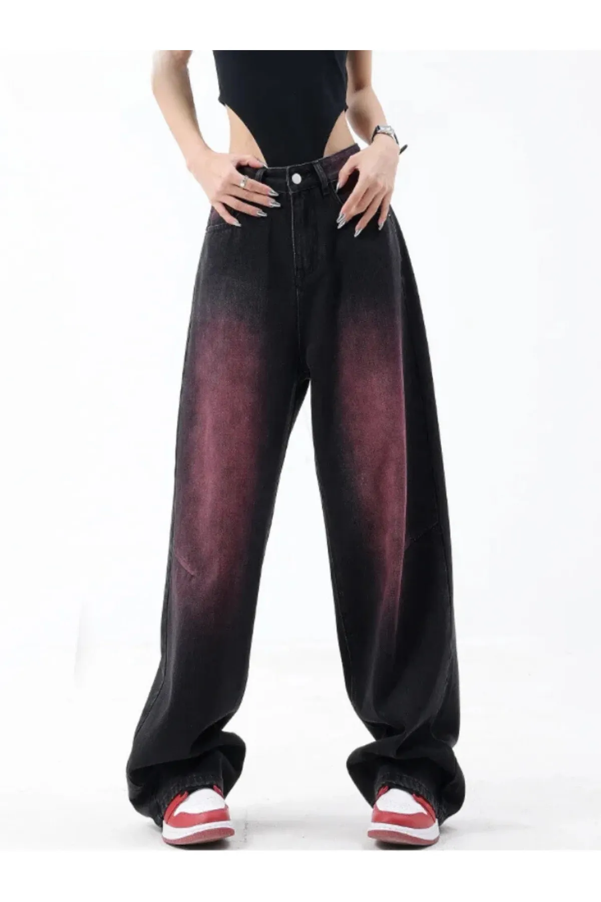 Mor Trendy Degrade Desenli Yıkamalı Baggy Pantolon