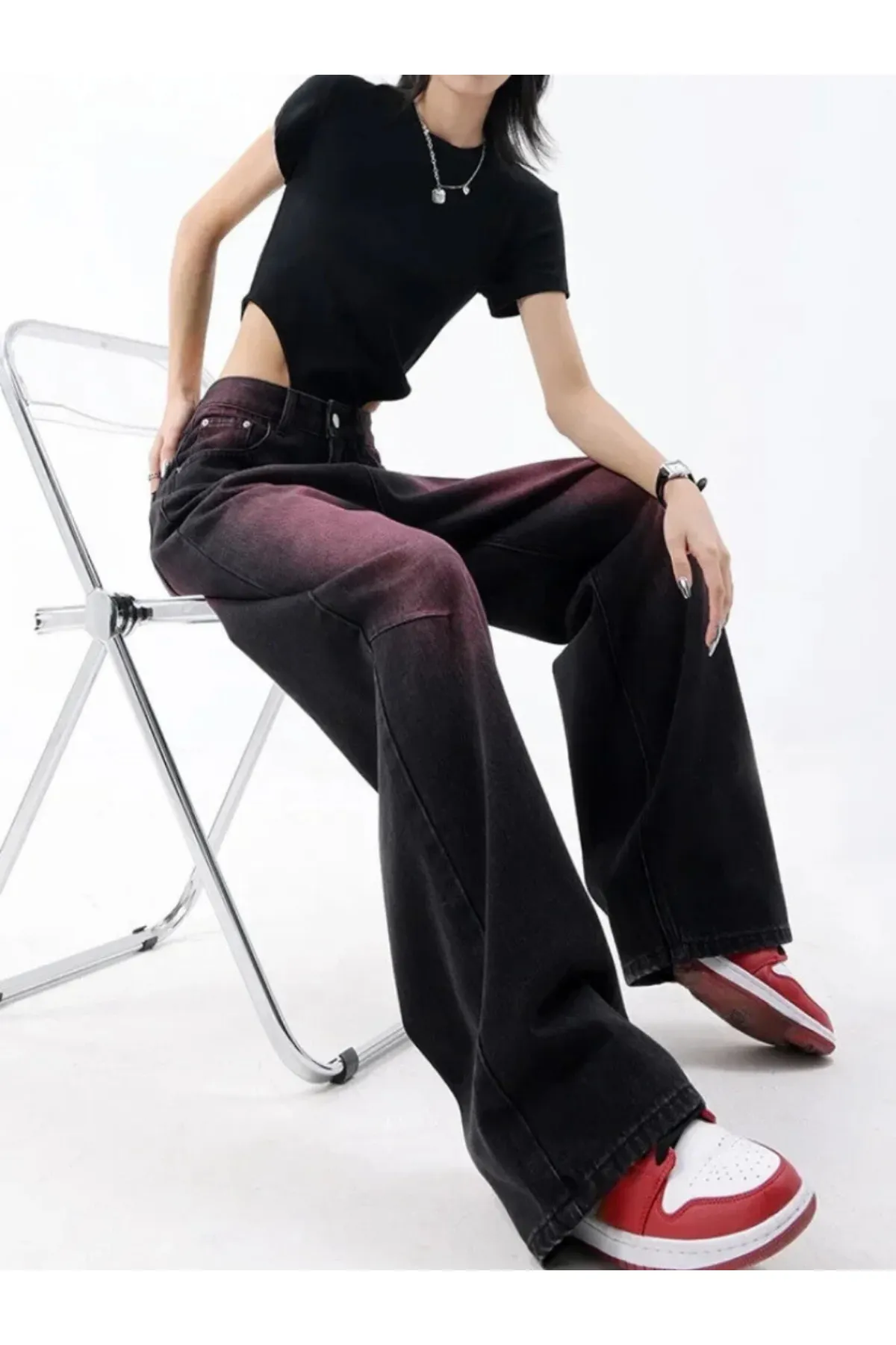 Mor Trendy Degrade Desenli Yıkamalı Baggy Pantolon