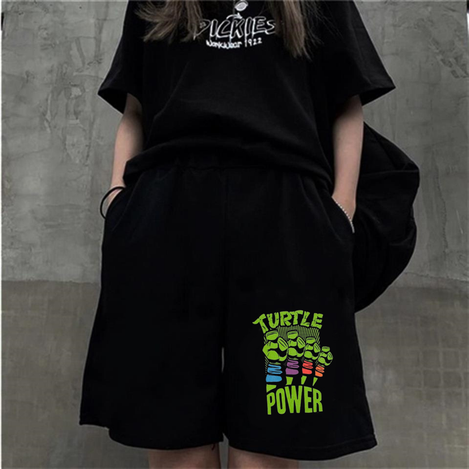 Ninja Kaplumbağa Baskılı Siyah Unisex Penye Şort
