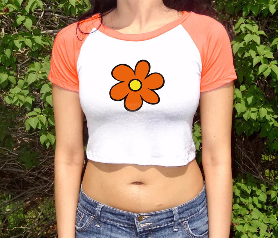 Orange Flower Baskılı Reglan Kol Beyaz Crop