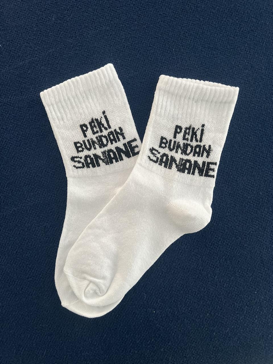 Peki Bundan Sanane Unisex Beyaz Kolej Çorap