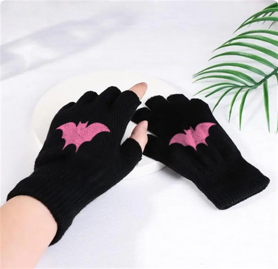 Pink Bat Baskılı Unisex Siyah Kesik Çift Eldiven