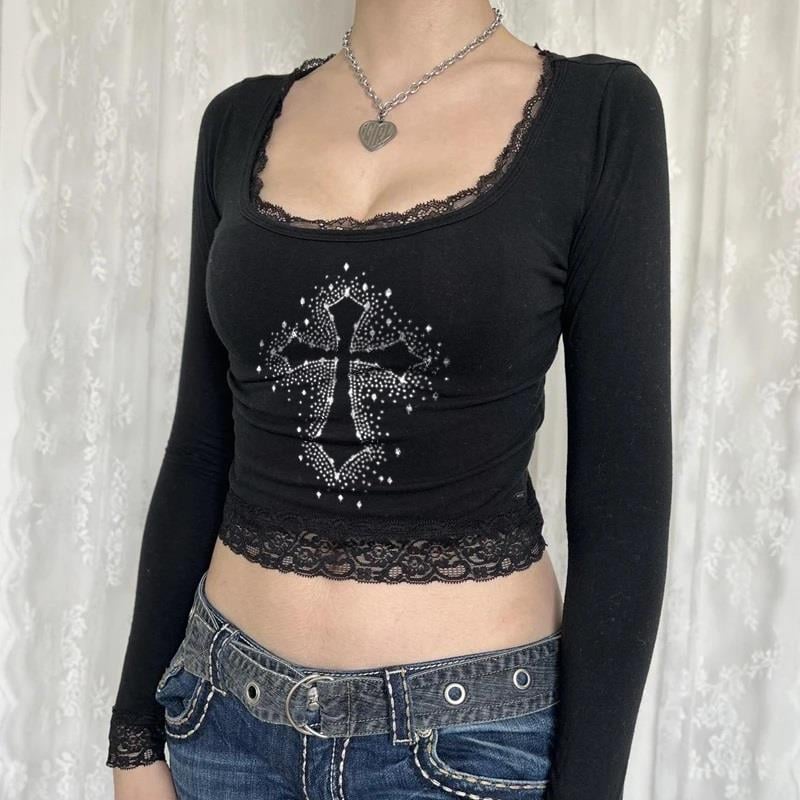 Pointed Cross Baskılı Dantel Lace Siyah Uzun Kol Bluz
