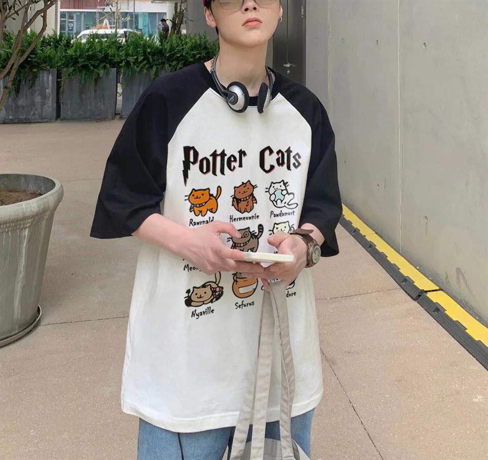 Potter Cats Baskılı Reglan Kol Beyaz Unisex Oversize T-shirt