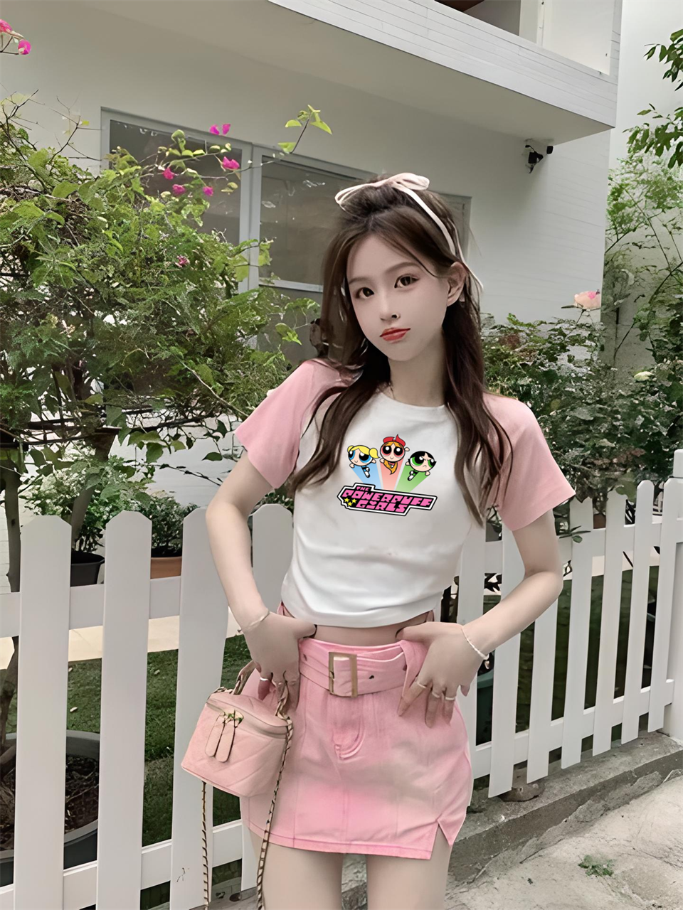 Powerpuff Girls Reglan Kol Beyaz Crop