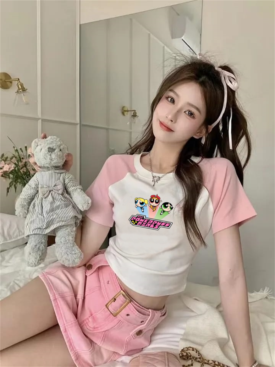 Powerpuff Girls Reglan Kol Beyaz Crop