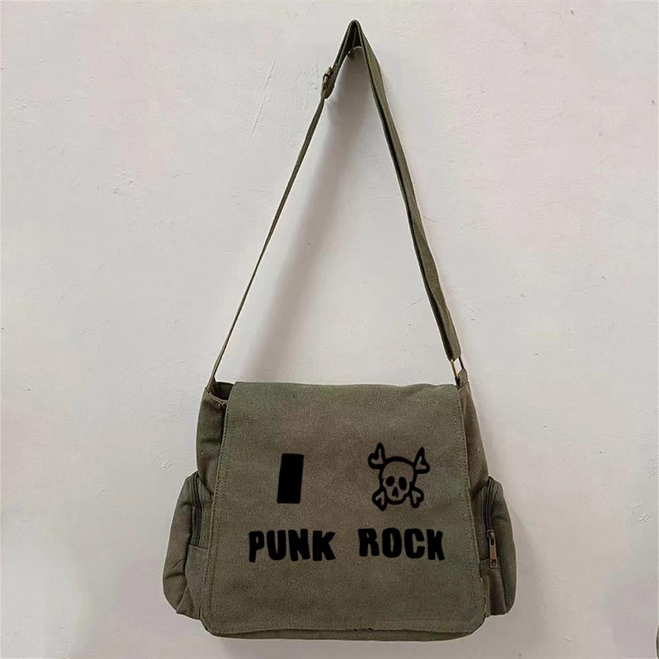 Punk Rock Baskılı Unisex Yeşil Postacı Çantası