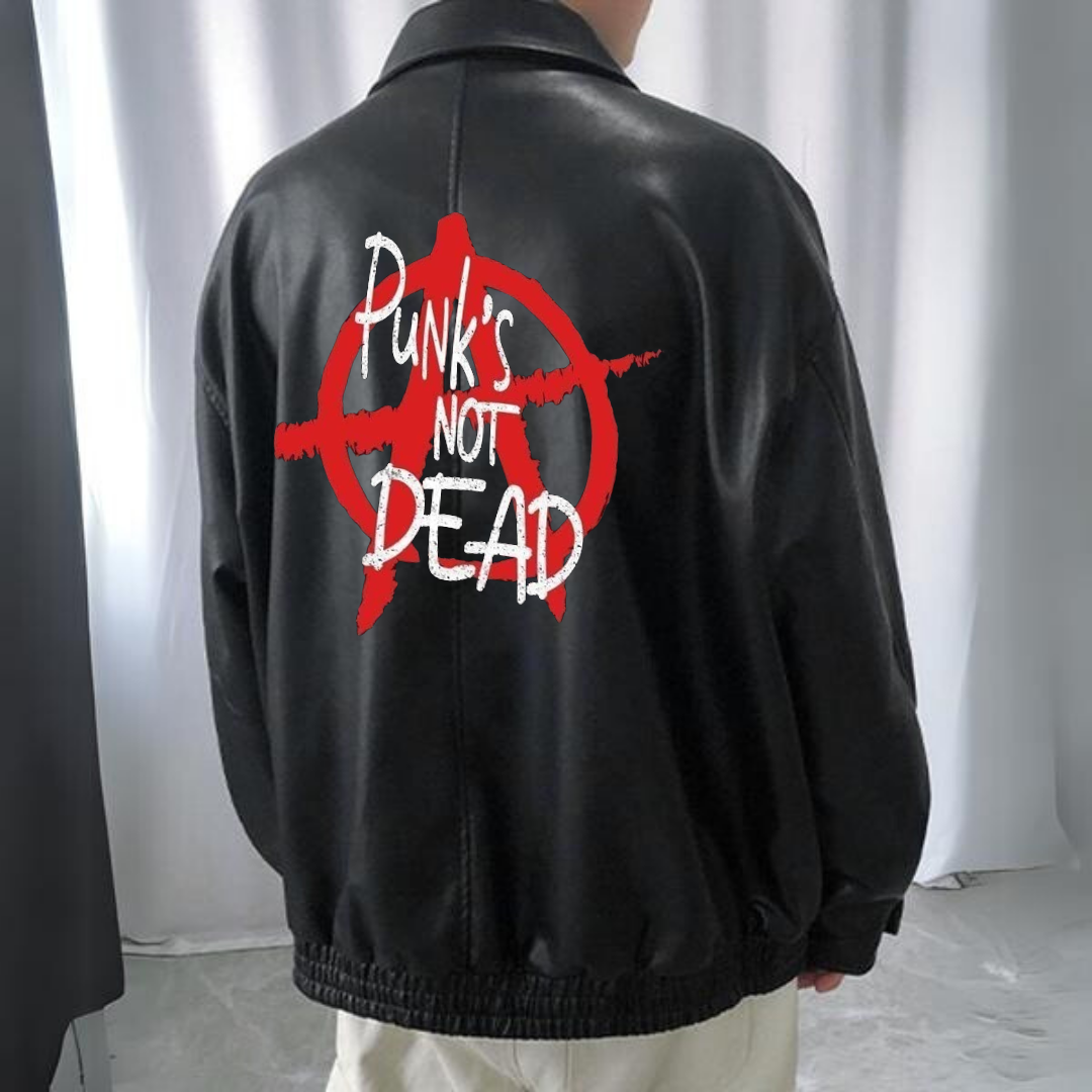 Punks Not Dead Baskılı Streetwear Siyah Oversize Unisex Astarlı Deri Ceket