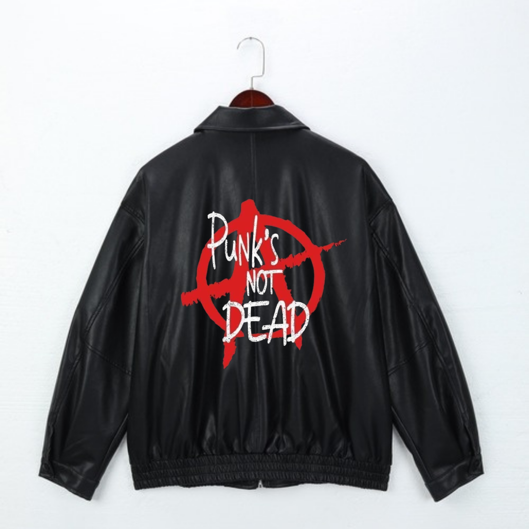 Punks Not Dead Baskılı Streetwear Siyah Oversize Unisex Astarlı Deri Ceket