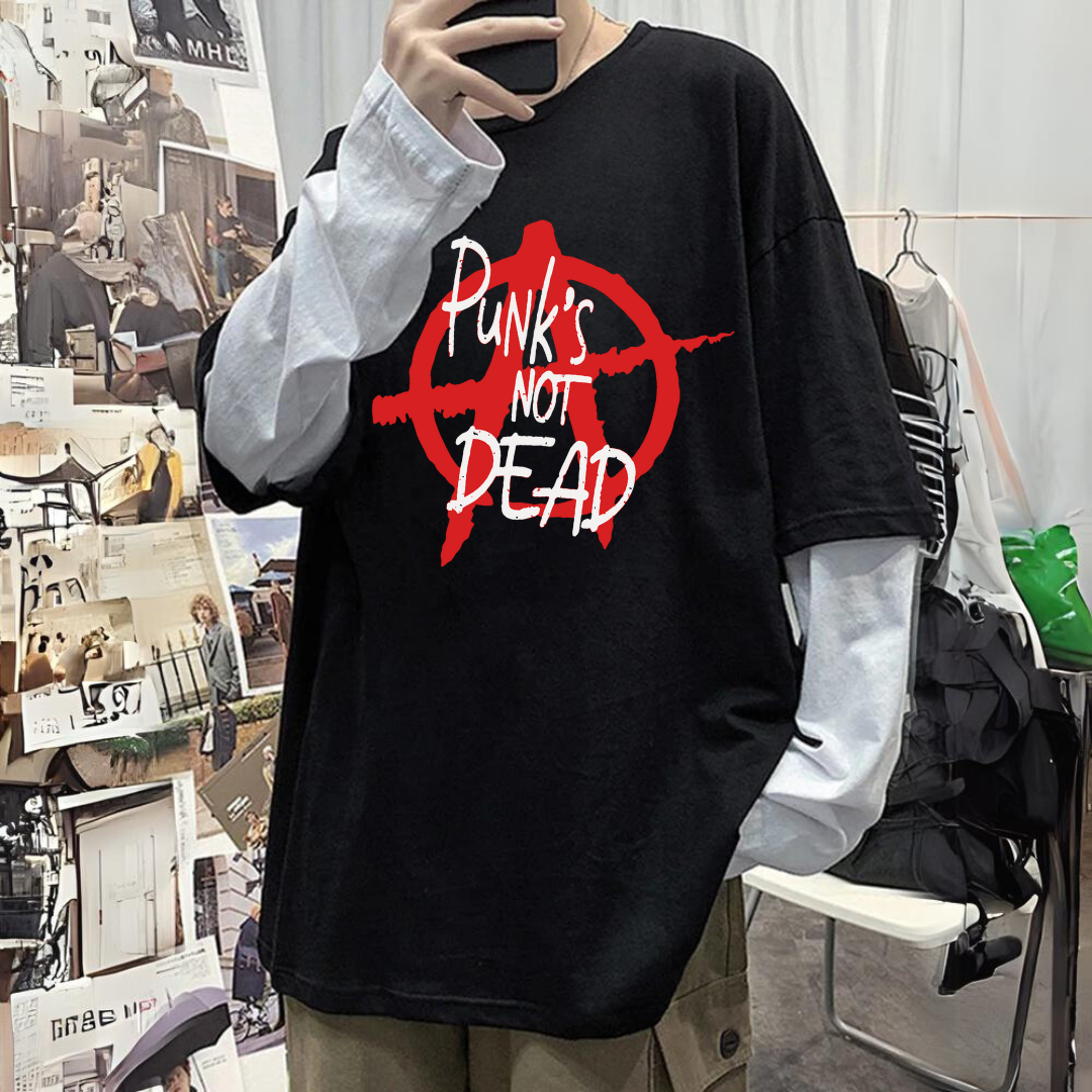 Punks Not Dead Unisex Oversize Fake Kollu Beyaz T-Shirt