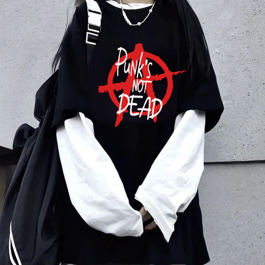 Punks Not Dead Unisex Oversize Fake Kollu Beyaz T-Shirt