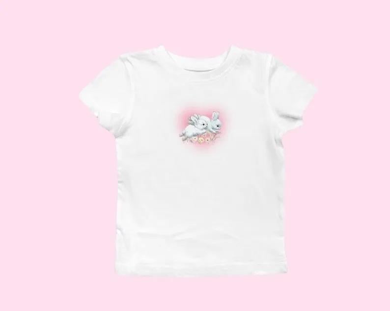 Rabbits Heart Baskılı Beyaz Crop 