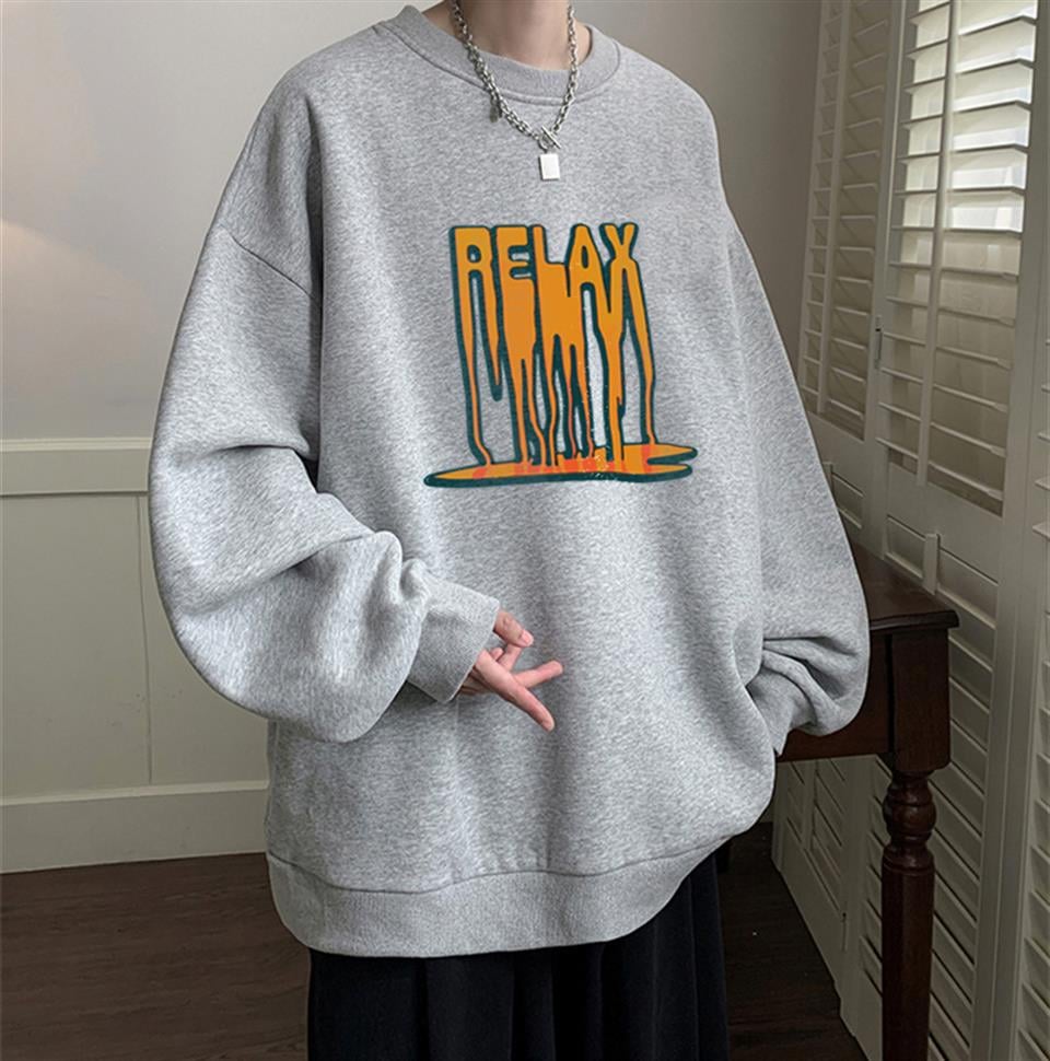 Relax Baskılı Gri Unisex Oversize Bisiklet Yaka Sweatshirt