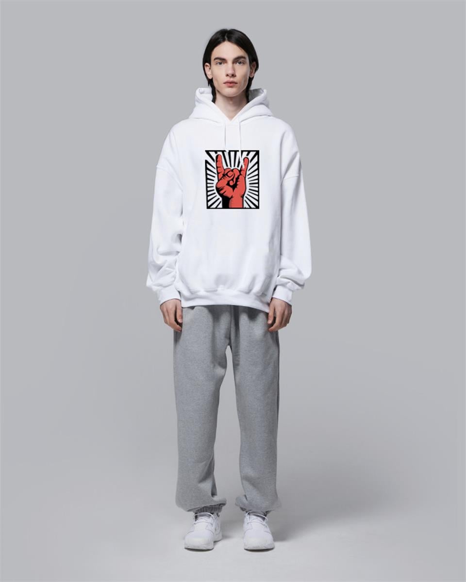 Rock Hand Beyaz Unisex Kapüşonlu Oversize Sweatshirt Hoodie